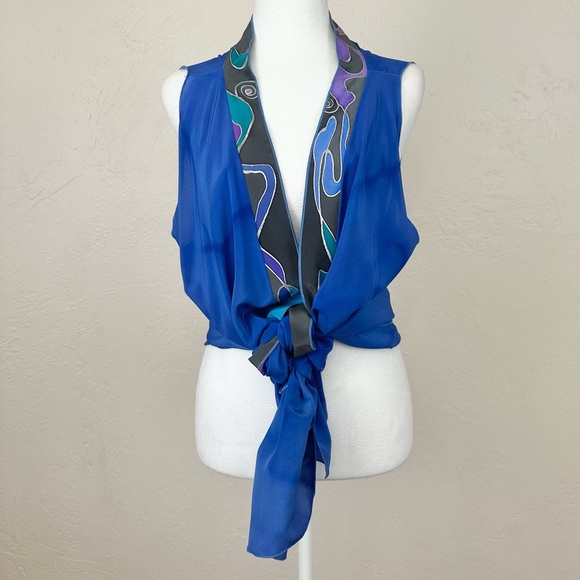 Vintage Maly Cohen Hand Painted Open Silk Blue Multicolor Vest - One Size - Picture 9 of 15